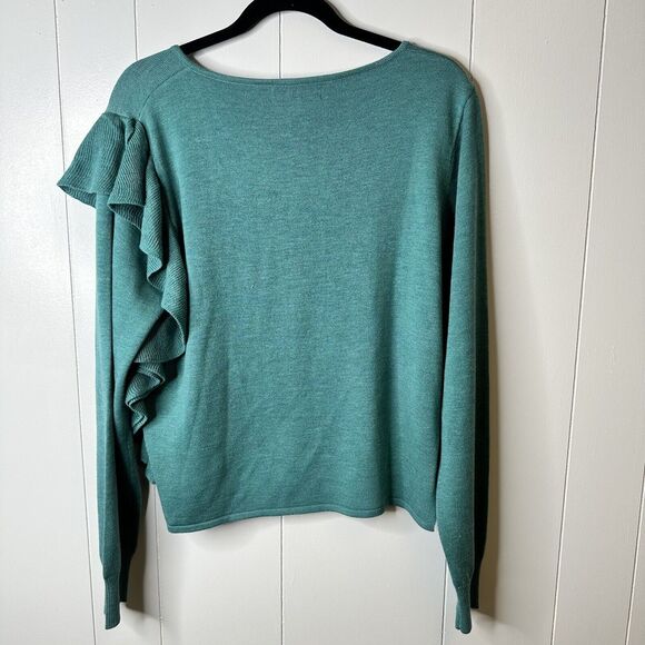 John + Jenn Anthropologie Size M Teal Wool Blend Side Ruffle V Neck Sweater - Picture 5 of 7